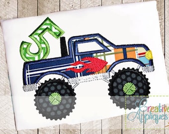Monster Truck 5 fünf fünfter 5th Birthday Applique digitale Stickerei Design 4 Baugrößen