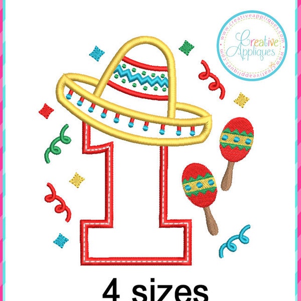 My 1st Birthday Digital Machine Embroidery Applique Design 4 SIZES, sombrero applique, maracas embroidery, cinco de mayo embroidery