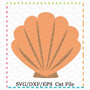 May include: A digital cut file of a seashell in orange and brown. The file is for use with a cutting machine to create a craft project. The text "SVG/DXF/EPS Cut File" is at the bottom of the image.