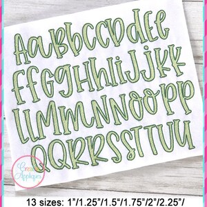 May include: A set of uppercase letters in a green cursive font. The letters are arranged in alphabetical order. The image includes the text "13 sizes: 1"/1.25"/1.5"/1.75"/2"/2.25"/ 2.5"/2.75"/3"/3.25"/3.5"/3.75"/4"