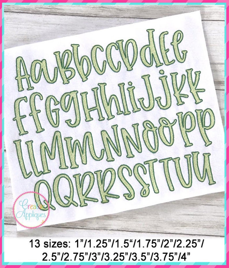 May include: A set of uppercase letters in a green cursive font. The letters are arranged in alphabetical order. The image includes the text "13 sizes: 1"/1.25"/1.5"/1.75"/2"/2.25"/ 2.5"/2.75"/3"/3.25"/3.5"/3.75"/4"