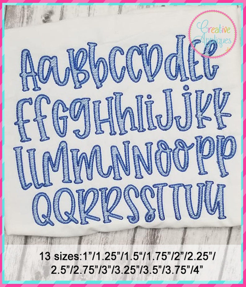 May include: A set of uppercase letters in a blue cursive font, with 13 different sizes ranging from 1 to 4 inches. The letters are displayed on a white background.