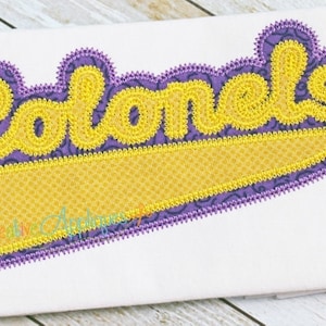 May include: Purple and yellow embroidered patch with the word "Colonels" in a stylized font.