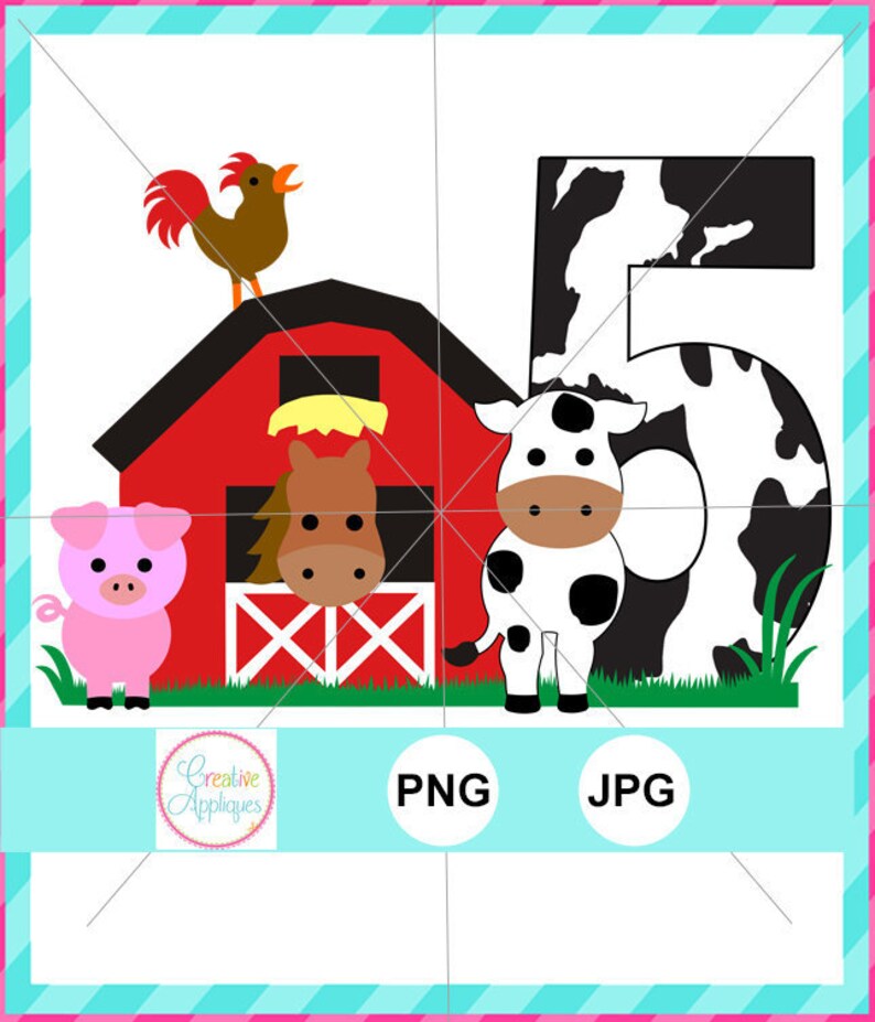 May include: A red barn with a white picket fence, a brown horse peeking out, a pink pig, a rooster, and a black and white cow shaped like the number 5.