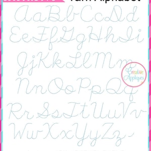 May include: A blue yarn alphabet with cursive letters in six sizes: 2 inches, 2.5 inches, 3 inches, 4 inches, 5 inches, 6 inches, and 7 inches. The text "exclusive Yarn Alphabet" is at the top of the image. The text "Creative Appliques" is in a circle at the bottom right of the image.