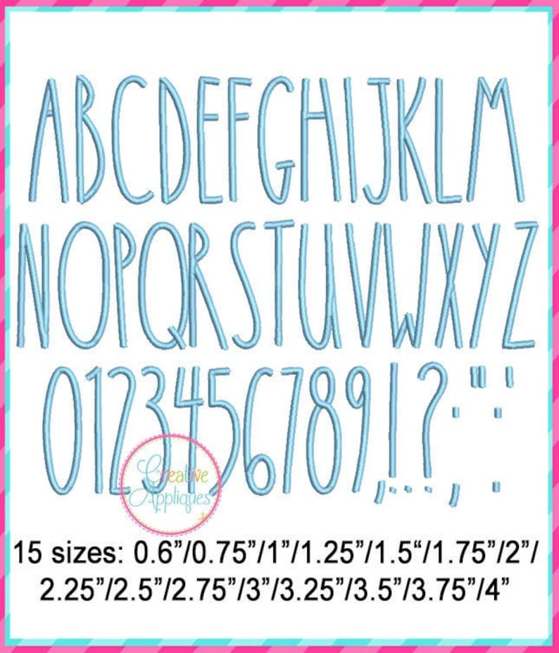 Puede incluir: Un conjunto de letras may&uacute;sculas, letras min&uacute;sculas y n&uacute;meros en color azul claro. Las letras y los n&uacute;meros est&aacute;n en un estilo simple y escrito a mano. El texto debajo de las letras y los n&uacute;meros dice "15 tama&ntilde;os: 0,6"/0,75"/1"/1,25"/1,5"/1,75"/2"/ 2,25"/2,5"/2,75"/3"/3,25"/3,5"/3,75"/4"