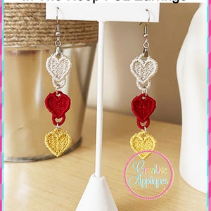 Hearts Dangling FSL Earrings Embroidery Machine Design, embroidery file, embroidery design, free standing lace, in the hoop