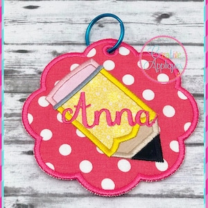 In The Hoop Pencil Scallop Tag Digital Machine Embroidery Applique Design 5 sizes, pencil luggage tag, backpack tag, luggage tag, bag tag