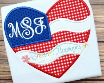 Monogram Patriotic Heart Machine Embroidery Applique Design