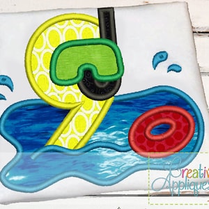 Swim Pool Party Number 9 Birthday Applique Digital Machine Embroidery Design 4 Sizes