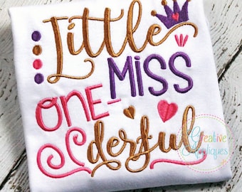 Little Miss One-derful Digital Machine Embroidery Design 4 Sizes, onederful birthday embroidery, first 1st birthday embroidery