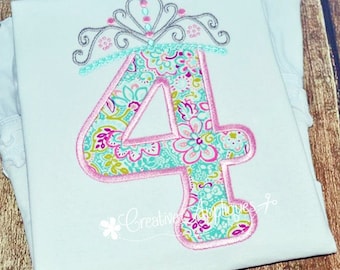 Princess Crown Birthday  Number 4 Machine Embroidery Applique Design 4 Sizes, 4 crown applique, 4th birthday crown applique, fourth birthday