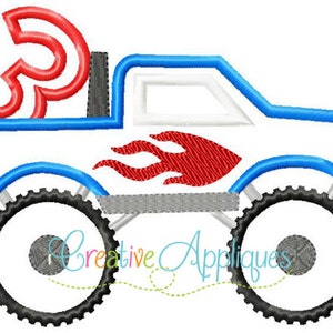 Monster Truck 3 Three 3rd Third Applique Digital Machine Embroidery Design 4 Sizes, 3rd birthday applique, third birthday applique, 3 truck