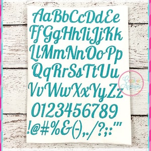 May include: A white background with a turquoise blue font that says "Princess Font" in a large font. The alphabet, numbers 0-9, and punctuation marks are shown in the turquoise blue font. The text at the bottom says "7 sizes: 0.5"/0.75"/1"/1.25"/1.5"/1.75"/2"