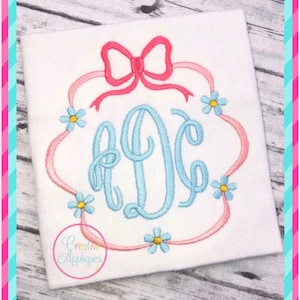 Bow Wreath with Flowers Digital Machine Embroidery Design 11 Sizes, bow frame embroidery, ribbon frame embroidery, bow embroidery, monogram