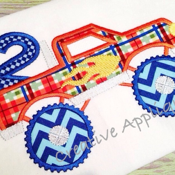 Monster Truck 2 Two Second 2nd Birthday Applique Machine Embroidery Design 4 Sizes, 2 truck applique, monster truck applique