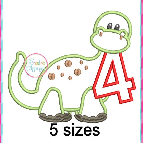 Dinosaur 4 Number Applique Digital Machine Embroidery Applique Design 4 Sizes, dinosaur applique, dinosaur embroidery, 4th birthday