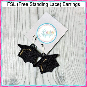 Graduation Cap FSL Earrings Embroidery Machine Design, embroidery file, embroidery design, free standing lace, in the hoop