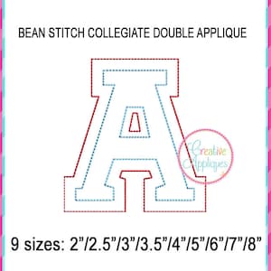 Bean Stitch Collegiate Double Applique Letras del alfabeto, Bordado a máquina Applique Design 2 "a 8", 9 tamaños, letras universitarias, atlético
