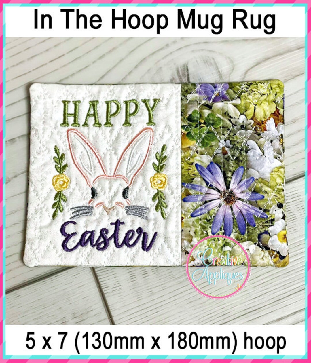 Happy Easter Mug Rug in the Hoop Machine Embroidery Design, 5x7 Hoop