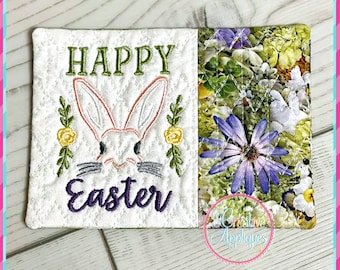 Happy Easter Mug Rug In the Hoop Machine Embroidery Design, 5x7 hoop, mug rug, quilted cup mat, mug mat, coaster