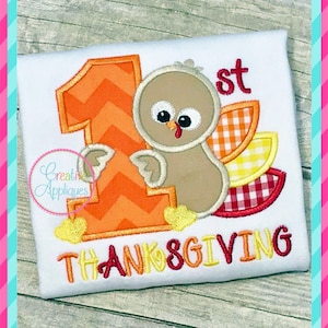 May include: Embroidered design of a turkey with a number one and the word "Thanksgiving" on a white t-shirt.