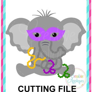 May include: A gray elephant wearing a purple mask and holding three strings of beads in yellow, purple, and green. The text "CUTTING FILE" is at the bottom of the image.