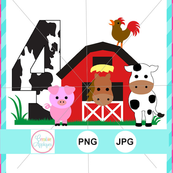 PRINT file PNG, JPEG print file, barn farm animal 4, farm print file sublimation, barn print file, 4th birthday, gingham