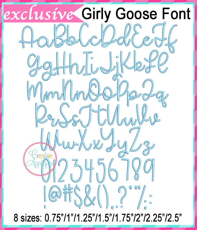 10 rozmiarów Girly Goose Haft alfabetu Czcionka Cyfrowy haft maszynowy, A do Z, cyfry, symbole, interpunkcja