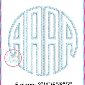 May include: Zigzag stitch 4 letter circle applique embroidery design in blue.  5 sizes: 3", 4", 5", 6", 7".