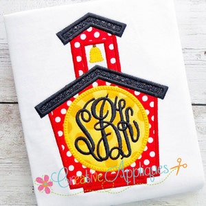 School house Monogram Digital Machine Embroidery Applique Design 4 sizes, schoolhouse applique design pattern, monogram school applique
