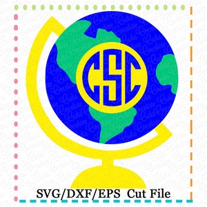 Könnte beinhalten: Ein gelber Globus mit einer blauen und grünen Weltkarte und einem gelben Monogramm "CSC" in der Mitte. Der Globus steht auf einem gelben Sockel. SVG/DXF/EPS Schnittdatei.
