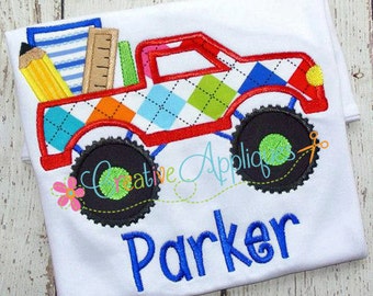 School Monster Truck Applique Digital  Machine Embroidery Design 4 Size school truck applique, monster truck applique, pickup truck applique