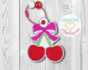 Etiqueta de bolso con lazo de cereza en el diseño del bastidor, diseño de bordado a máquina, diseño en el bastidor, patrón en el bastidor, diseño de bordado de etiqueta de bolso