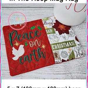 Peace on Earth Mug Rug In the Hoop Machine Embroidery Design, 5x7 hoop, mug rug, quilted cup mat, mug mat, coaster
