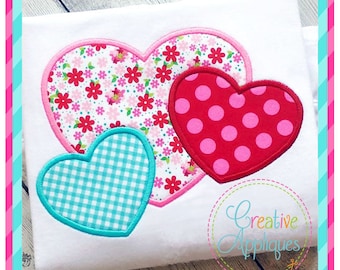 Hearts Trio Valentine Digital Machine Embroidery Applique Design 4 Sizes