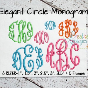 Può includere: Sei diversi disegni di monogramma ricamati in vari colori, tra cui verde, rosa, arancione e blu. I disegni sono a forma di cerchio e presentano le lettere "SOP", "JBL", "DEF" e "ARC". Il testo "6 SIZES-1", 1.5", 2", 2.5", 3", 3.5" + 5 Frames" è anche visibile.