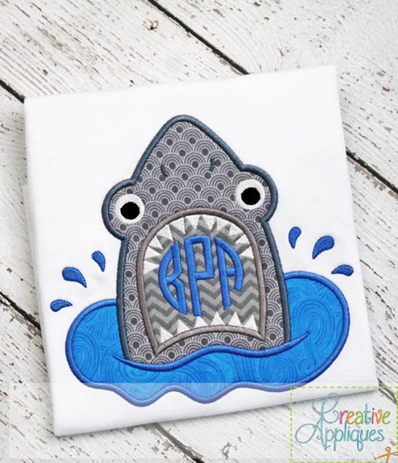 Shark Monogram Digital Machine Embroidery Applique Design 4 Sizes, shark applique, monogram applique, shark embroidery image 1