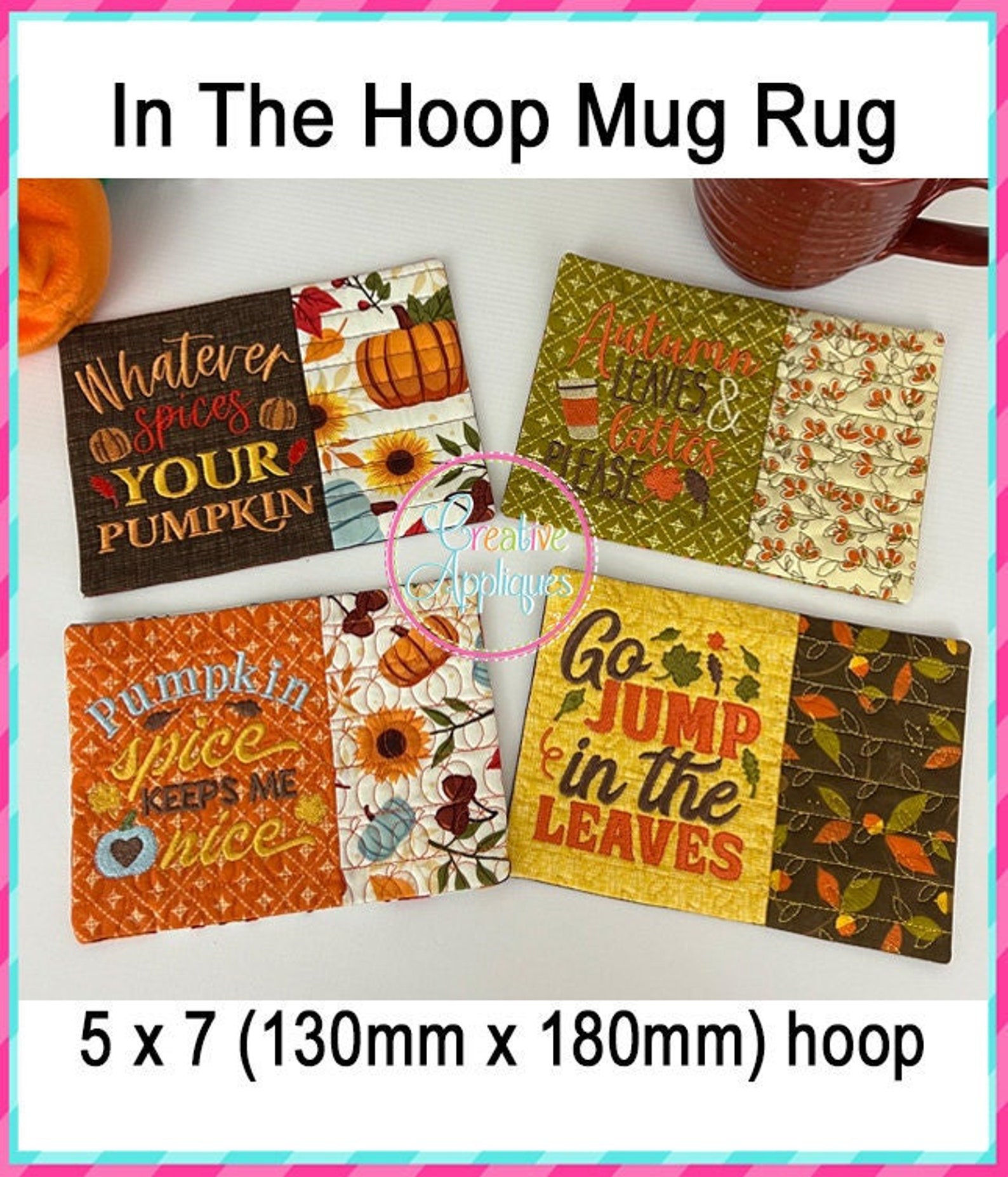 Set of 4 Different Fall Mug Rug in the Hoop Machine Embroidery Design ...