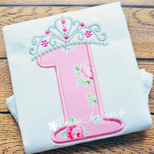 Princess Crown Birthday  Number 1 Machine Embroidery Applique Design 4 Sizes, first birthday applique, 1st birthday applique, 1 crown