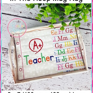 A + Teacher Mug Rug In the Hoop Machine Diseño de bordado, aro 5x7, alfombra de taza, tapete de taza acolchada, tapete de taza, posavasos