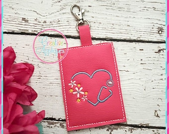 ID Badge Holder Stethoscope Flowers In the Hoop Machine Embroidery Design, 4x4 hoop, identification holder, badge lanyard, nurse, doctor