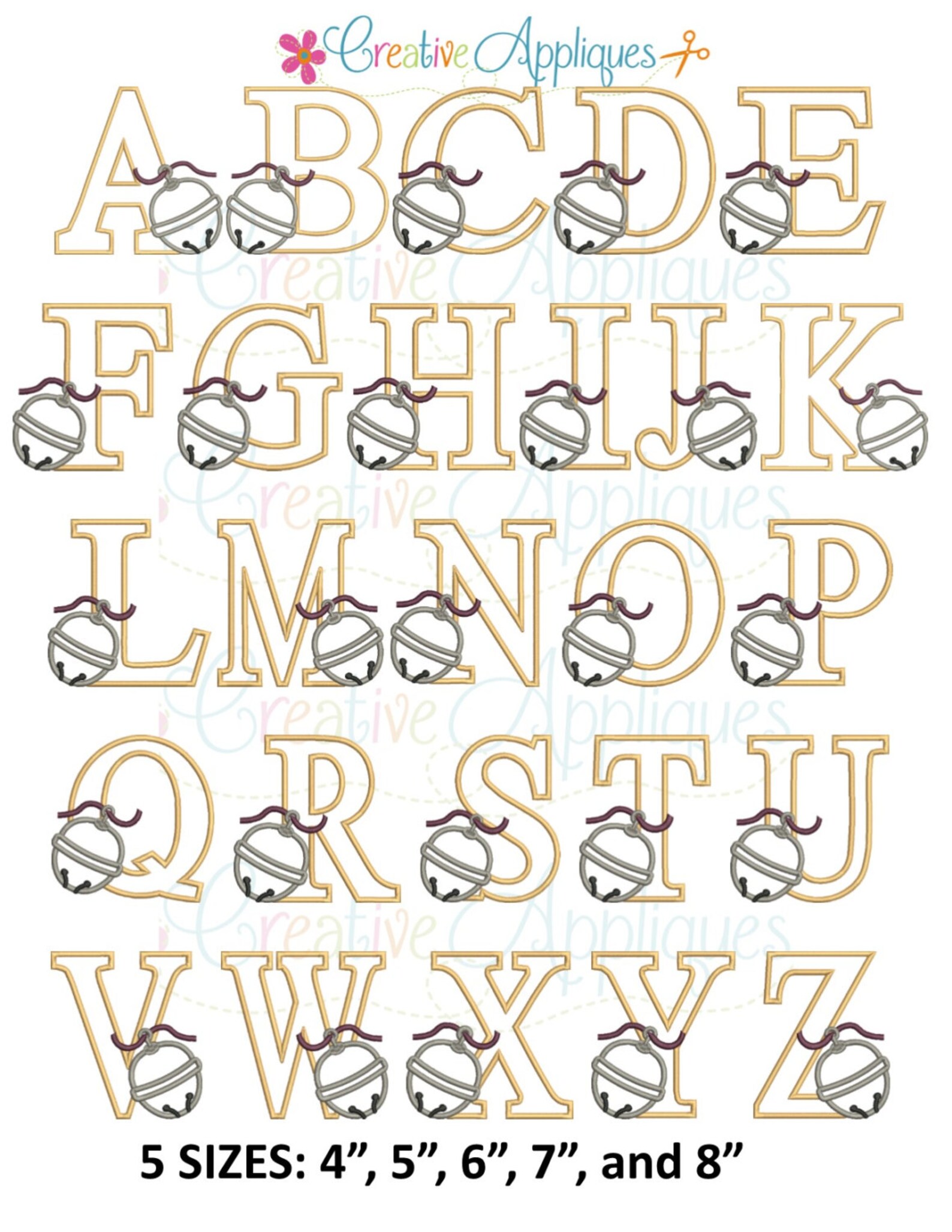 Sleigh Bell Alphabet Letters Set Machine Embroidery Applique Design 5 ...