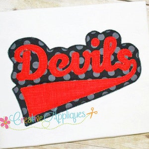 May include: A red and black applique design with the word "Devils" in a script font. The word is outlined in black with a red background. The background is black with gray polka dots. The design is on a white background.