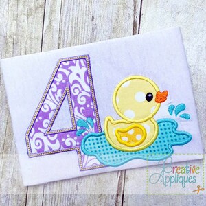 Rubber Ducky Duck Birthday Number 4 Digital Machine Embroidery Applique Design 4 SIZES