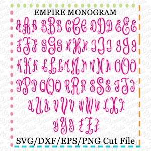 May include: A pink alphabet font in a script style with the text "EMPIRE MONOGRAM" at the top and "SVG/DXF/EPS/PNG Cut File" at the bottom.