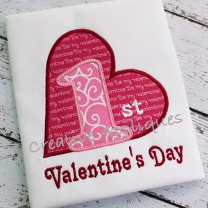 1st First Valentine's Day Heart  Digital Machine Embroidery Applique Design 4 Sizes