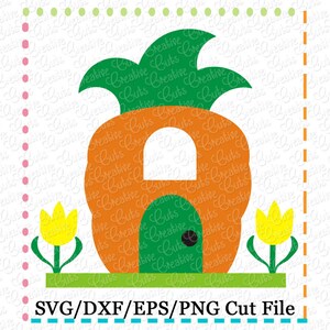 May include: A digital cut file design of a pineapple shaped house with a green door and yellow flowers. The text "SVG/DXF/EPS/PNG Cut File" is at the bottom of the image.