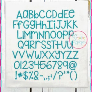 May include: A turquoise blue alphabet font with uppercase letters, numbers, and punctuation marks. The font is a simple, handwritten style.
