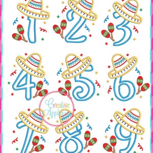 SET Sombrero Numbers Birthday Applique Digital Machine Embroidery Design 4 Sizes, Cinco de Mayo applique, sombrero birthday numbers applique